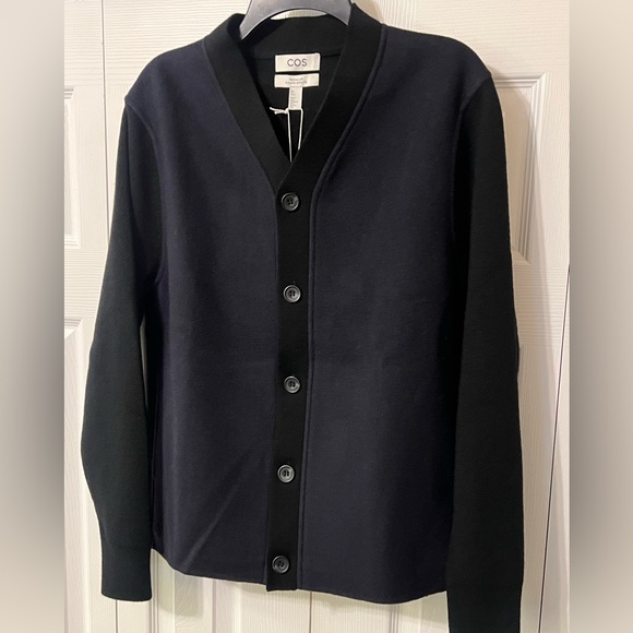 COS Colour-Block Panelled Wool Cardigan Dark Blue Black Size Small Mens New - Picture 3 of 16